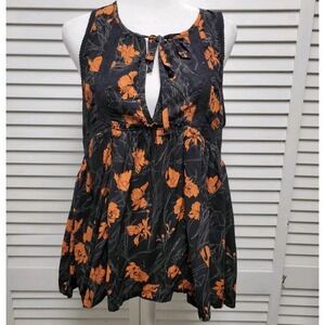SZ Small Melrose & Market Black Orange Blouse Floral Tie-Neck Flowy Tank Top